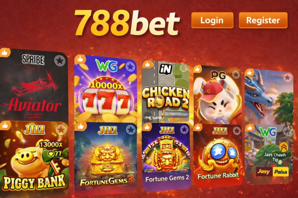 788bet  Pakistan promotional banner with red background and slot game icons