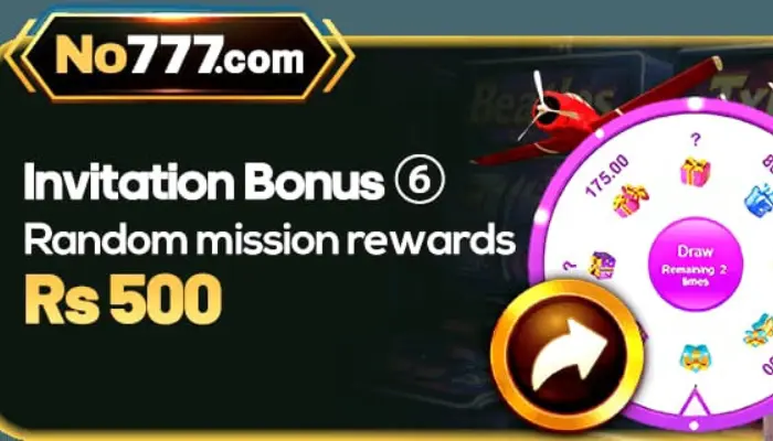 No777.com invitation bonus banner showing Rs 500 reward with spin wheel and random mission rewards promotion