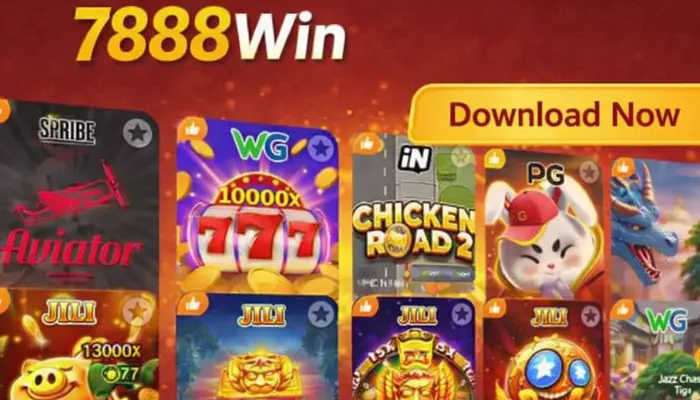 7888 Win game banner showing popular slot games with download button