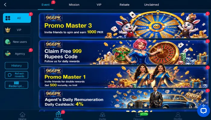 966PK Game promo offers dashboard with bonus banners