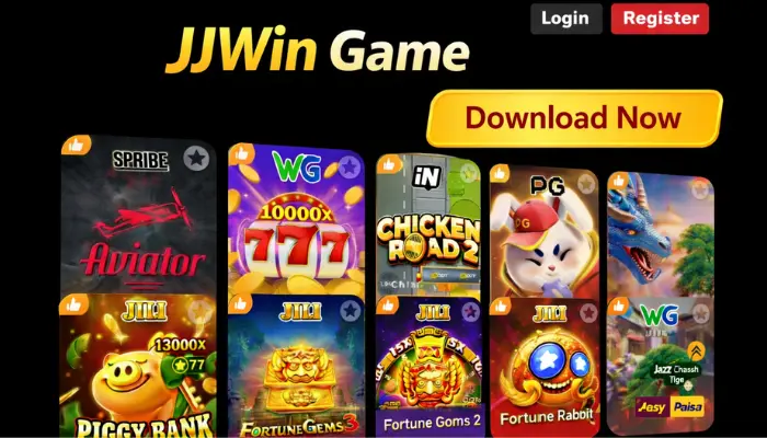JJWin Game homepage showing download button and popular slot games like Aviator, Piggy Bank, and Fortune Gems