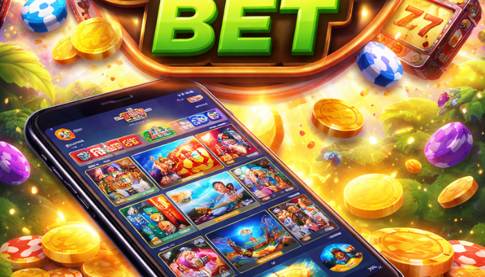 8999Bet Game A colorful casino betting app displayed on a smartphone, surrounded by gold coins, poker chips, and a slot machine showing 777.