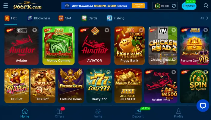 966PK  Game casino games homepage with slots and aviator