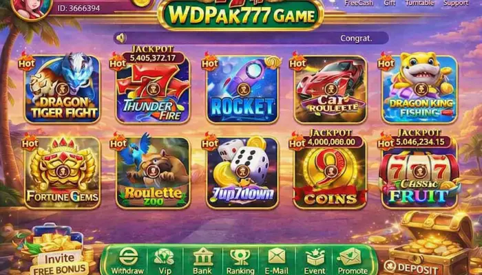 Online casino game interface showing multiple colorful slot and betting game icons with a “WDPak777 Game” title banner and jackpot amounts displayed.