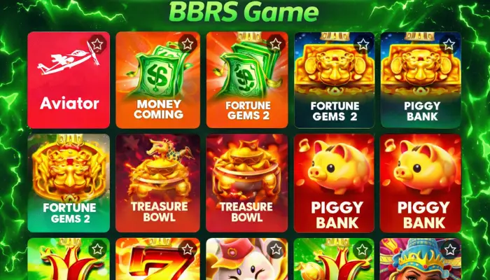 BBRS Game casino interface with colorful slot icons and green lightning theme
