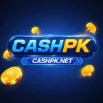 CASHPK Game logo with glowing blue and gold text surrounded by floating coins on a dark background