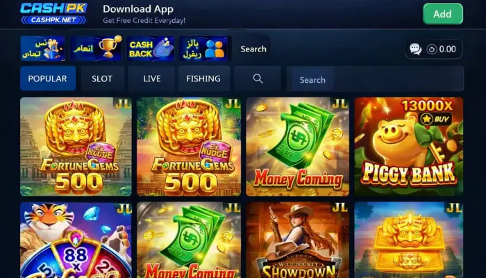 CASHPK Game  mobile app interface showing slot games, cashback options, and bonus features on a dark blue gaming dashboard