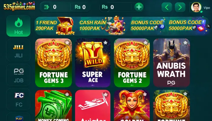535games Online casino slots screen showing Fortune Gems 3, Super Ace, Aviator, and Anubis Wrath with bonus banners and PKR balance display