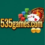 535games.com casino logo with poker chips, playing cards, roulette wheel, and gold coins on green background