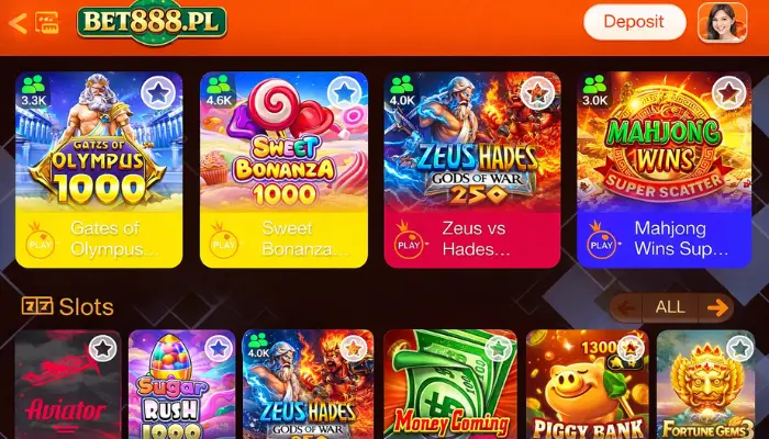 Bet888 Game app interface showing slot games like Sweet Bonanza, Gates of Olympus, and Aviator