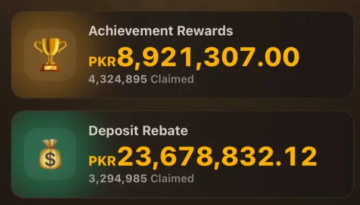3yok.vip game dashboard showing PKR achievement rewards and deposit rebate amounts.