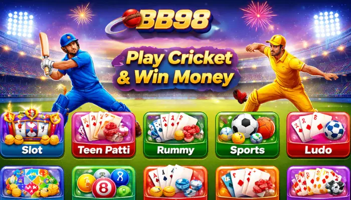 BB98 sports and casino game banner showing cricket theme and multiple game categories
