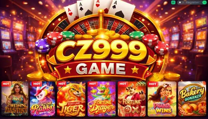 CZ999 Game casino-themed banner featuring a golden logo, roulette wheel, poker chips, playing cards, and colorful slot game icons.