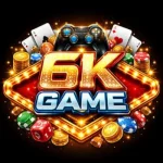 6K Game logo with glowing gold text, casino chips, playing cards, dice, and a game controller on a dark background.