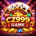 CZ999 Game casino-style promotional graphic with golden logo, roulette wheel, poker chips, playing cards, and glowing coins background.
