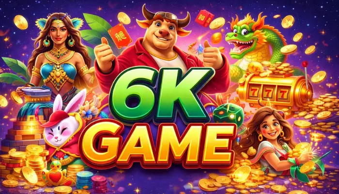 Colorful 6K Game banner with cartoon characters, dragon, casino coins, and slot machine graphics.
