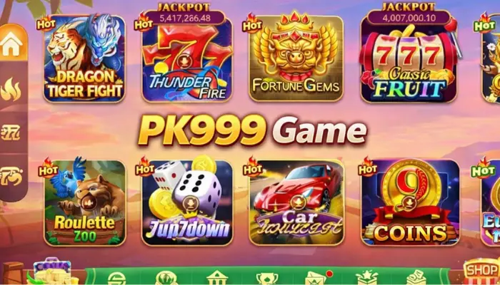 PK999 Game dashboard showing slot games, jackpots and casino options