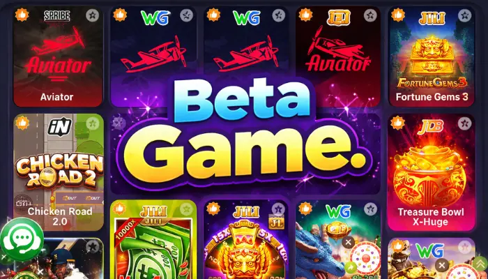 Beta Game homepage displaying slot games, Aviator, and casino game categories