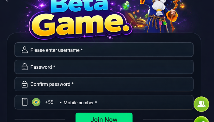 Beta Game user registration form with username, password and mobile number fields