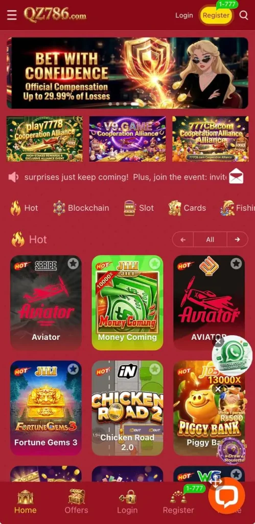 QZ786 game homepage showing slot and hot casino games list