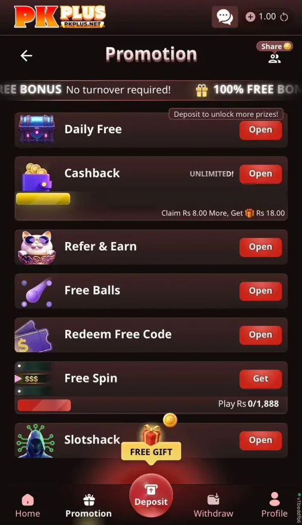PK PLUS Game promotion page showing daily bonus, cashback and free spin offers.