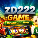 ZD222 Game featuring casino elements, mobile slot gameplay, gold coins, dice, playing cards, and a Pakistan flag with “Download Now” call-to-action.
