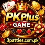 PK Plus Game logo with crown, playing cards, dice and gold coins casino theme design.