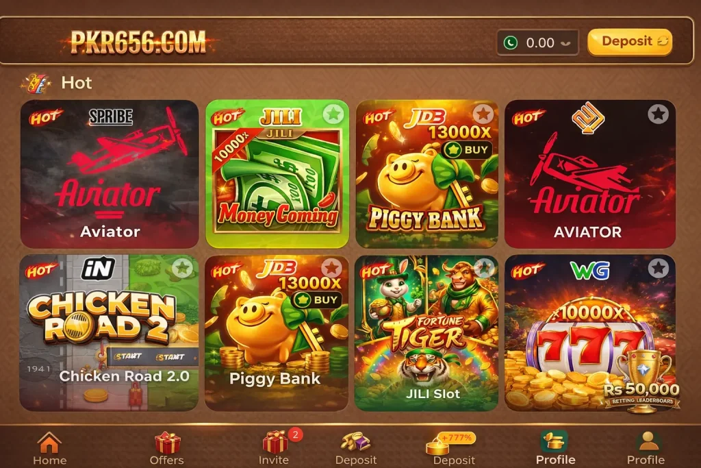 PKR656.com homepage showing colorful slot game icons with deposit button and balance display on a gold-themed interface.