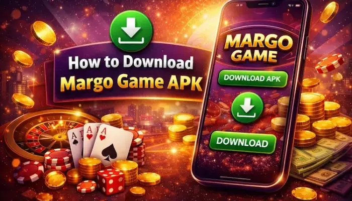 Smartphone displaying Margo Game APK download promotion with casino elements.