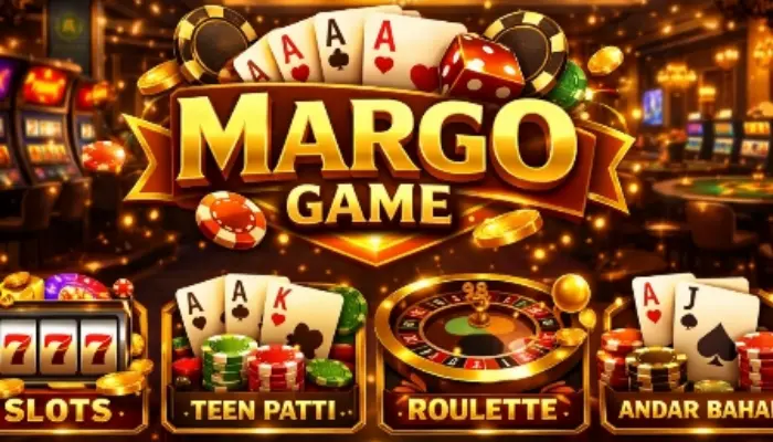 Margo Game casino-style banner with playing cards, roulette wheel, and chips.
