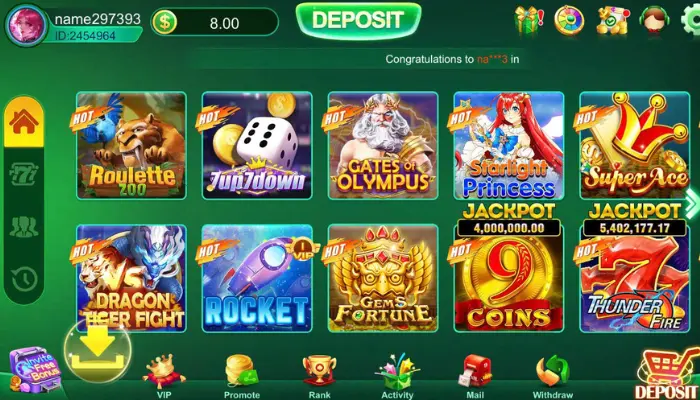 Online casino app with multiple game options and deposit button.